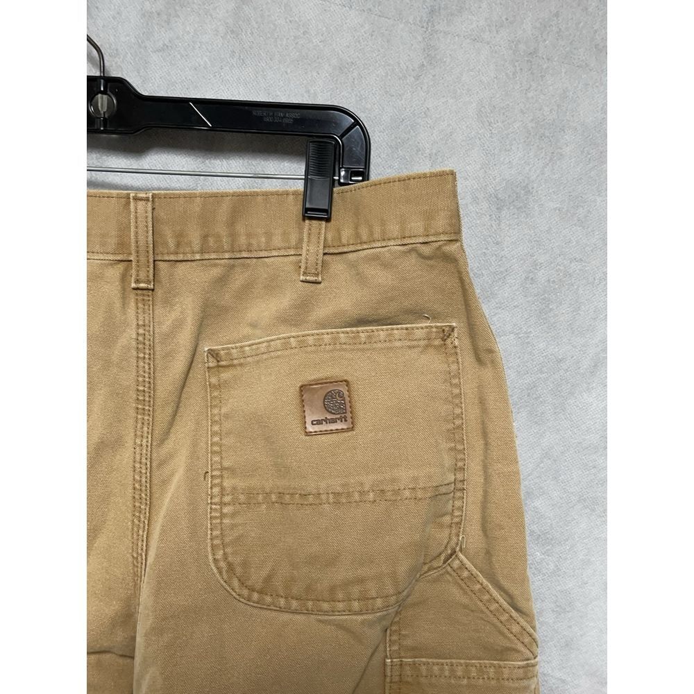 Carhartt Pants Men 32X34 Dungaree Duck Canvas Carpenter Work Leather Patch B11
